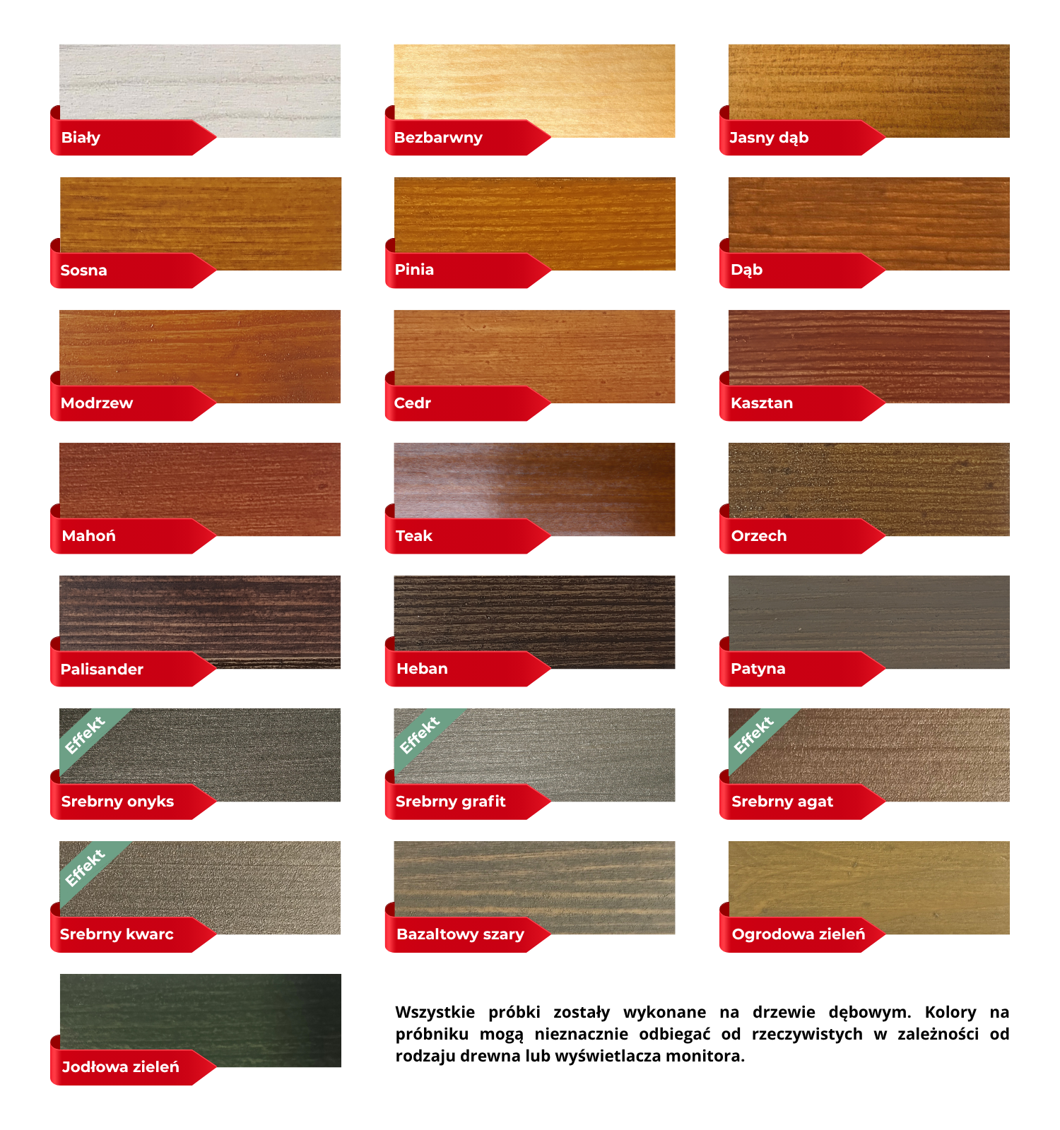 Grafika prezentuje próbnik wszystkich dostępnych kolorów lazury olejnej do drewna.