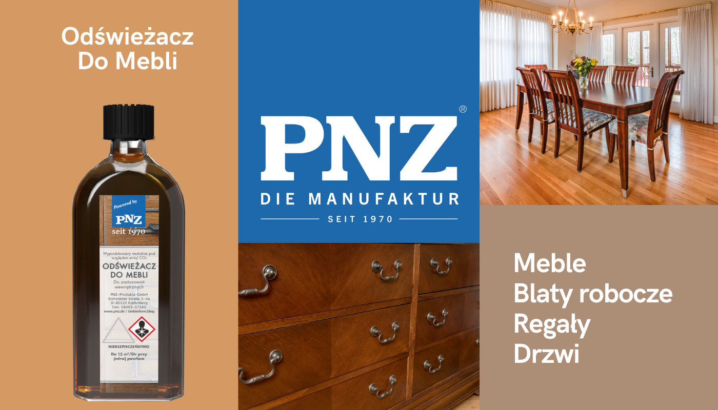 Grafika prezentująca zastosowanie odświeżacza do mebli marki PNZ