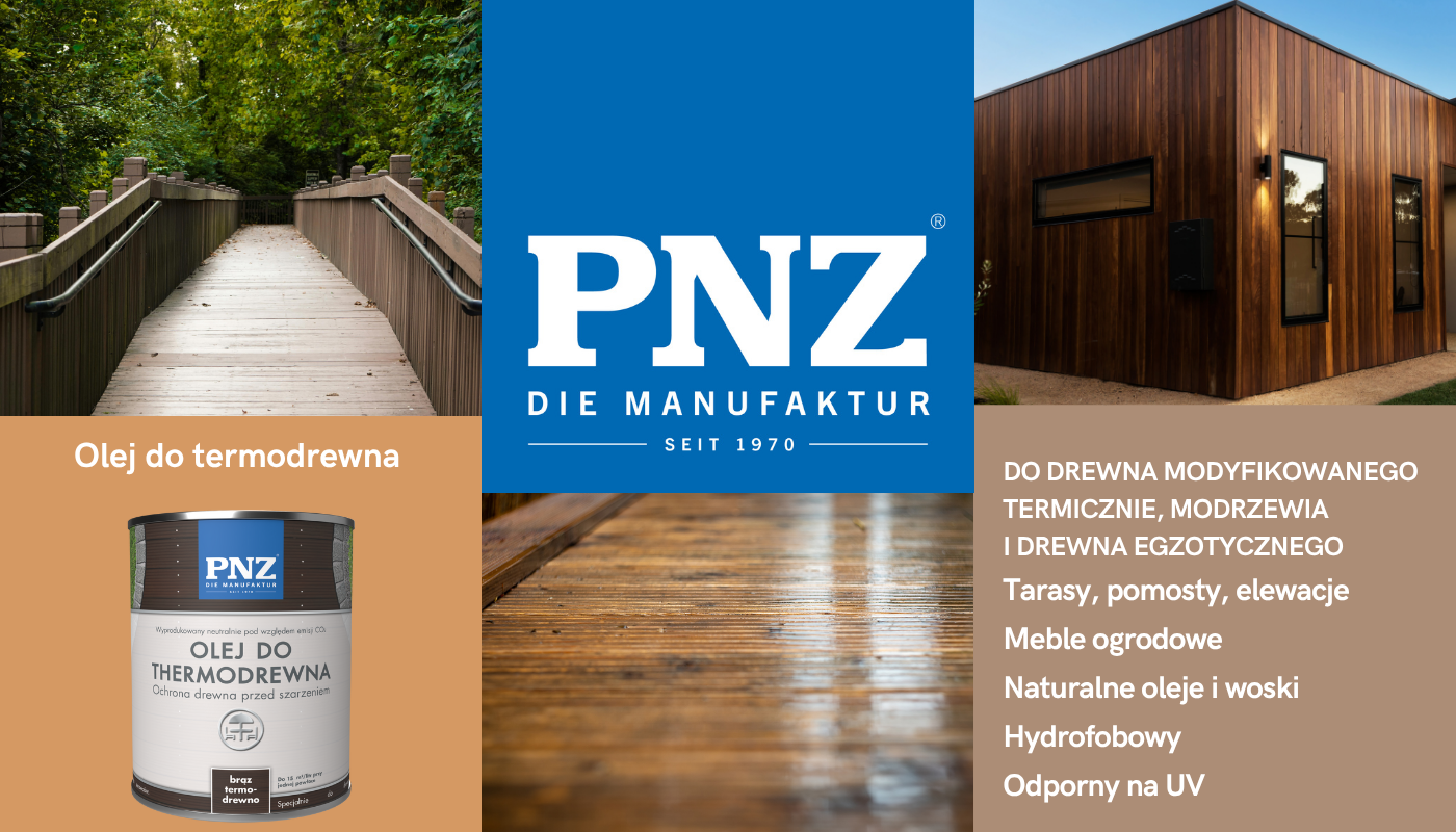 Grafika prezentuje obszary zastosowań oleju do thermodrewna marki PNZ.