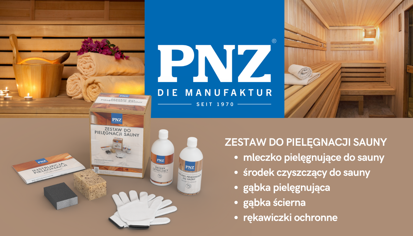 Zestaw do pielęgnacji sauny, mleczko pielęgnacyjne i mleczko czyszczące oraz gąbki i rękawice.